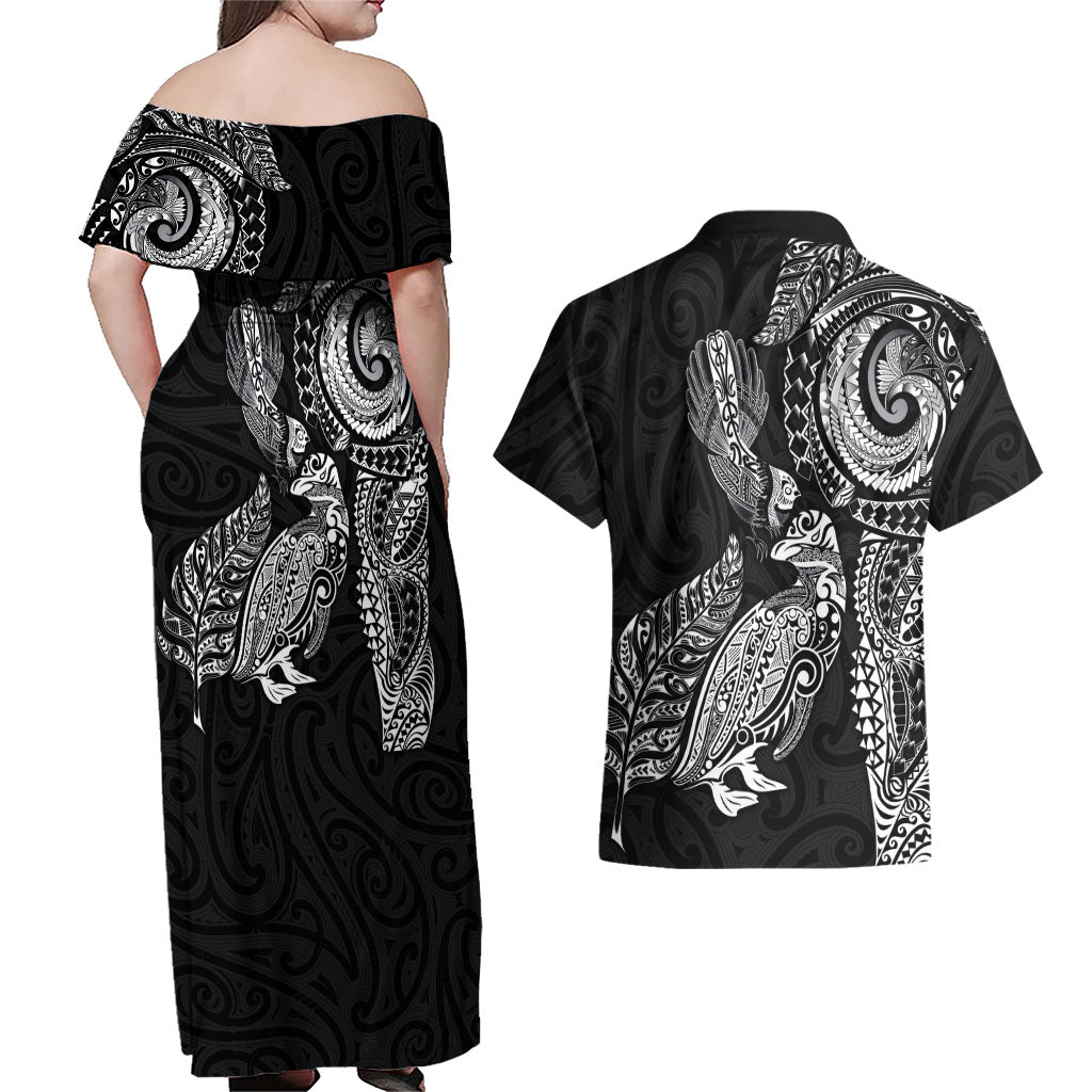 Aotearoa Moko Tribal Tattoo Couples Matching Off Shoulder Maxi Dress and Hawaiian Shirt New Zealand Maori Penguin and Fantail Black Color