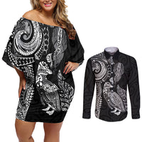 Aotearoa Moko Tribal Tattoo Couples Matching Off Shoulder Short Dress and Long Sleeve Button Shirt New Zealand Maori Penguin and Fantail Black Color