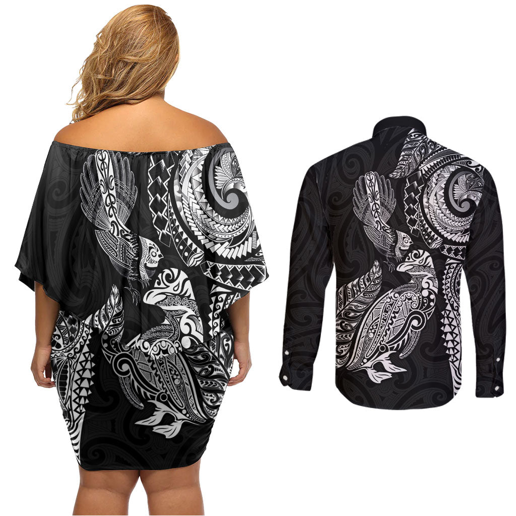 Aotearoa Moko Tribal Tattoo Couples Matching Off Shoulder Short Dress and Long Sleeve Button Shirt New Zealand Maori Penguin and Fantail Black Color