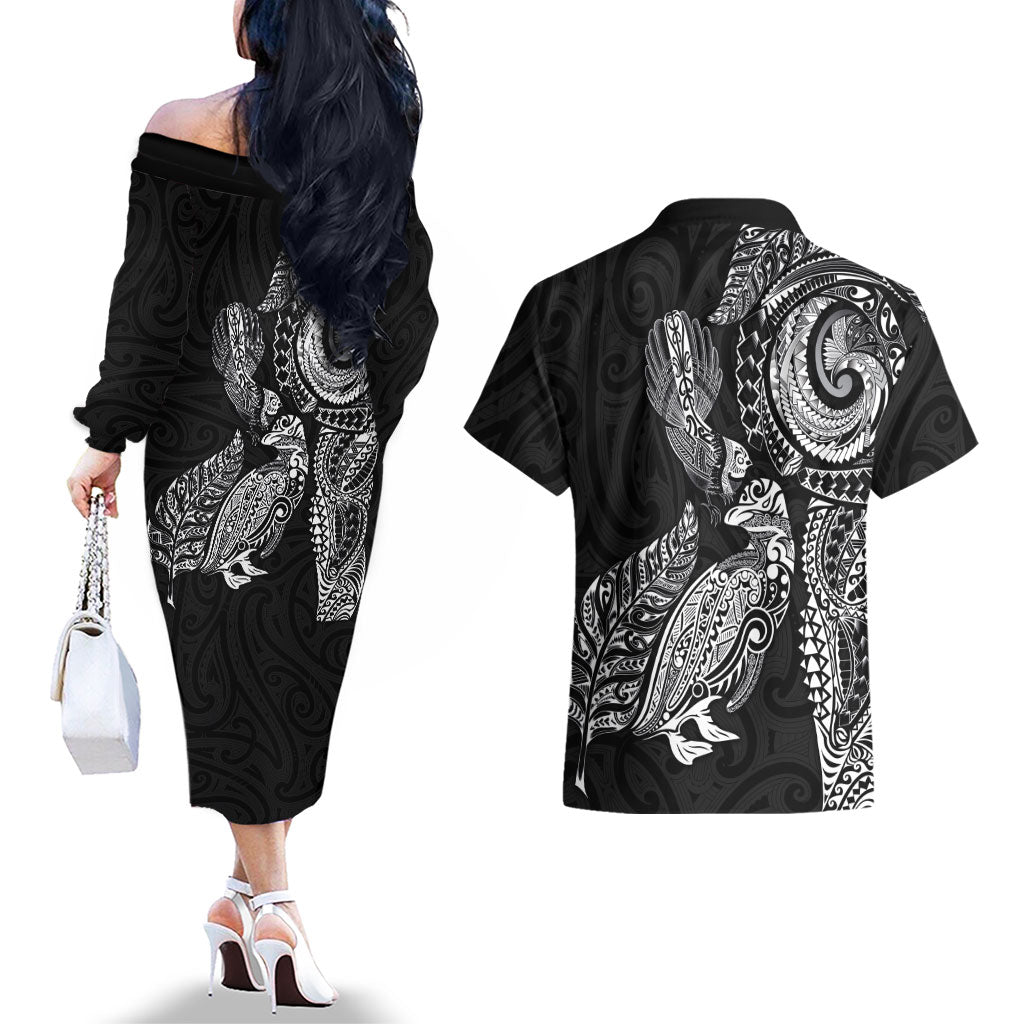 Aotearoa Moko Tribal Tattoo Couples Matching Off The Shoulder Long Sleeve Dress and Hawaiian Shirt New Zealand Maori Penguin and Fantail Black Color