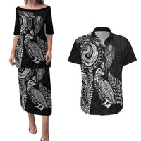 Aotearoa Moko Tribal Tattoo Couples Matching Puletasi and Hawaiian Shirt New Zealand Maori Penguin and Fantail Black Color