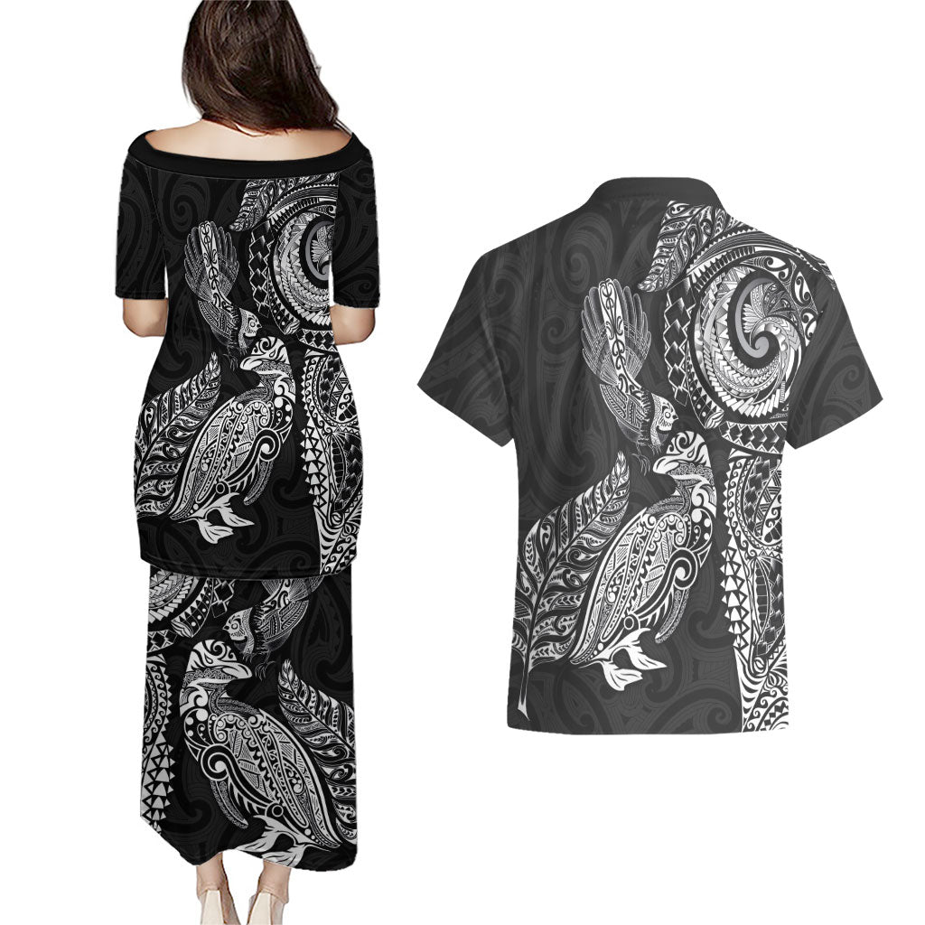 Aotearoa Moko Tribal Tattoo Couples Matching Puletasi and Hawaiian Shirt New Zealand Maori Penguin and Fantail Black Color