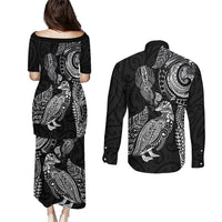 Aotearoa Moko Tribal Tattoo Couples Matching Puletasi and Long Sleeve Button Shirt New Zealand Maori Penguin and Fantail Black Color