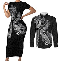 Aotearoa Moko Tribal Tattoo Couples Matching Short Sleeve Bodycon Dress and Long Sleeve Button Shirt New Zealand Maori Penguin and Fantail Black Color