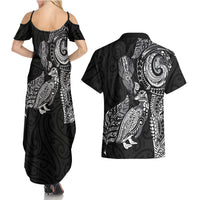 Aotearoa Moko Tribal Tattoo Couples Matching Summer Maxi Dress and Hawaiian Shirt New Zealand Maori Penguin and Fantail Black Color
