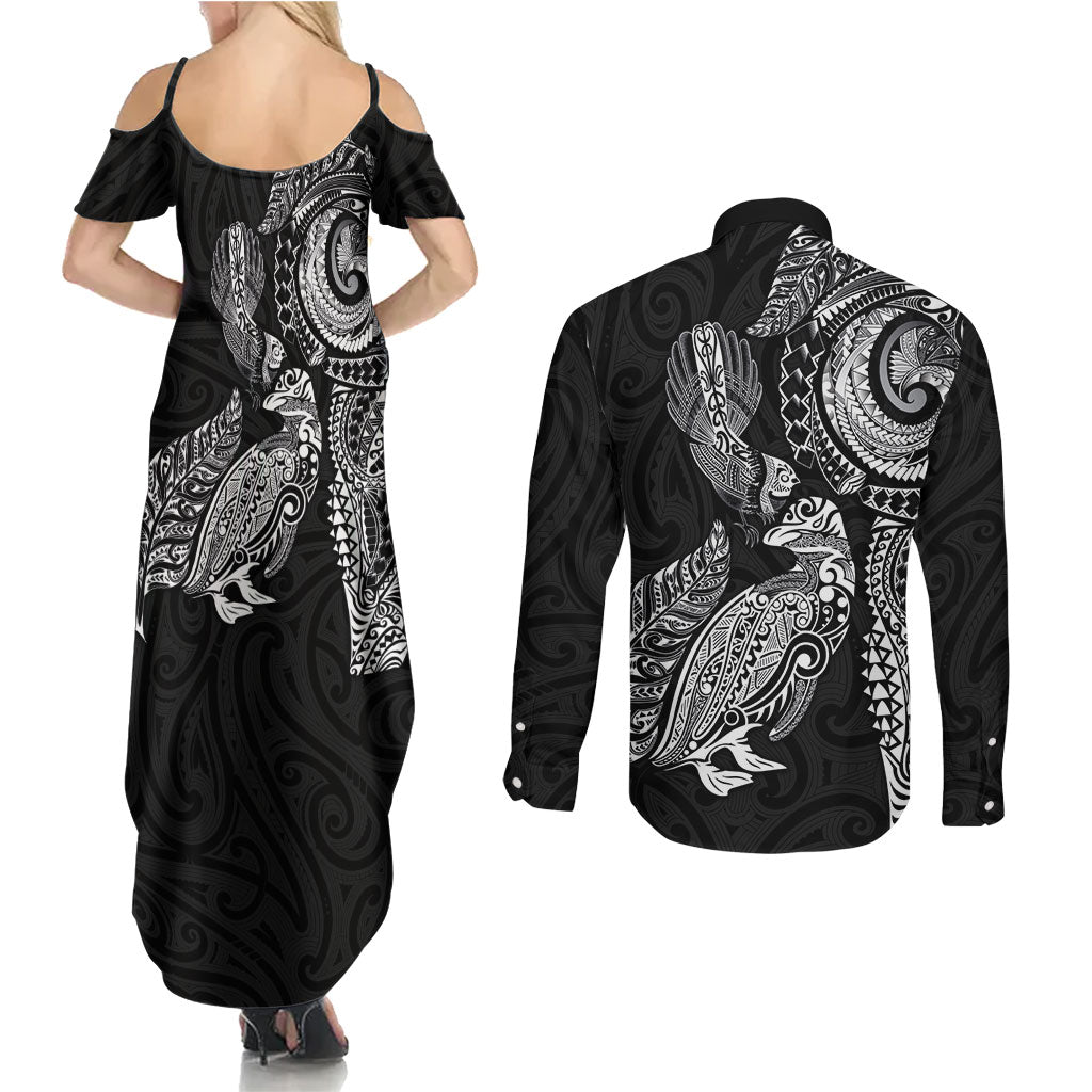 Aotearoa Moko Tribal Tattoo Couples Matching Summer Maxi Dress and Long Sleeve Button Shirt New Zealand Maori Penguin and Fantail Black Color