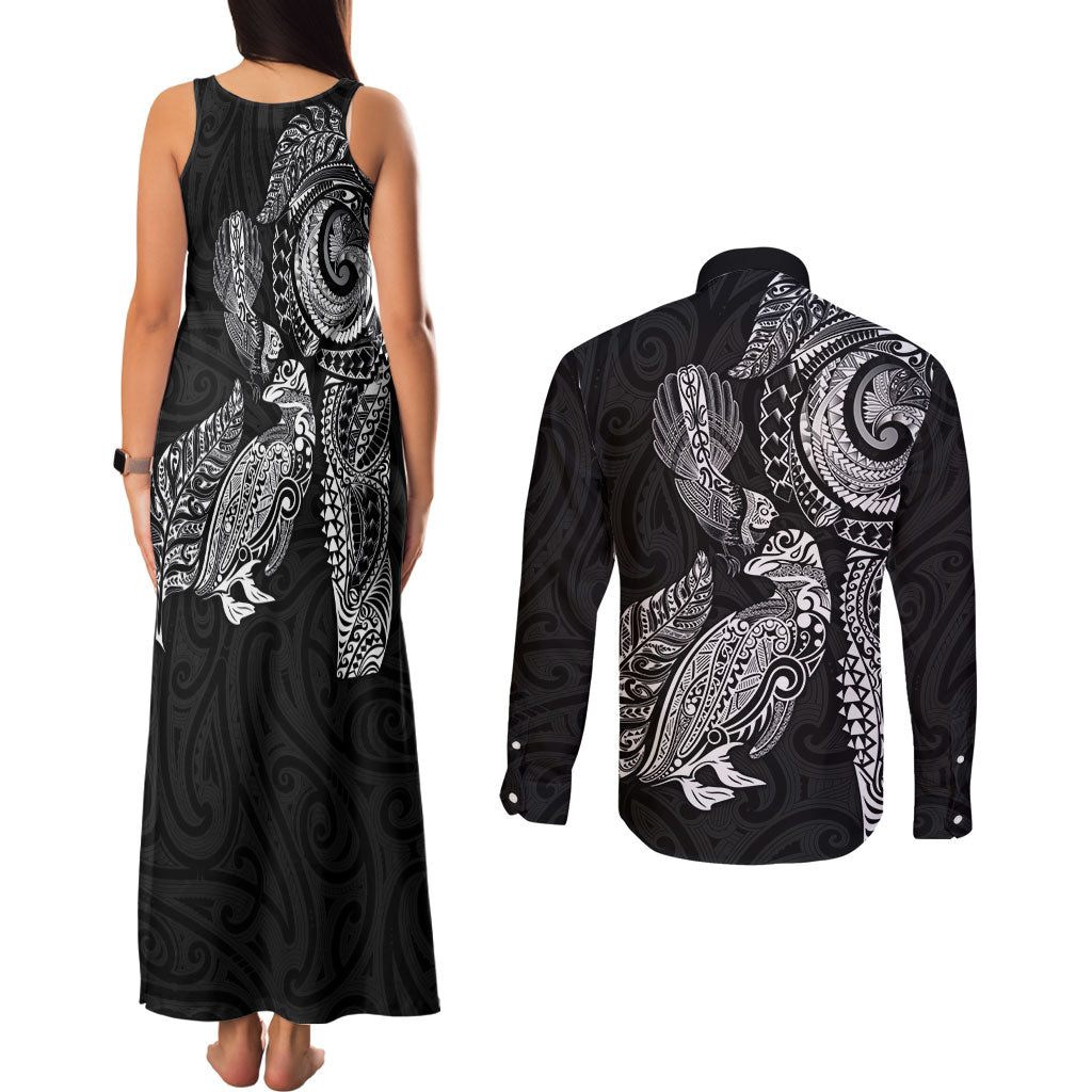 Aotearoa Moko Tribal Tattoo Couples Matching Tank Maxi Dress and Long Sleeve Button Shirt New Zealand Maori Penguin and Fantail Black Color