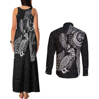 Aotearoa Moko Tribal Tattoo Couples Matching Tank Maxi Dress and Long Sleeve Button Shirt New Zealand Maori Penguin and Fantail Black Color