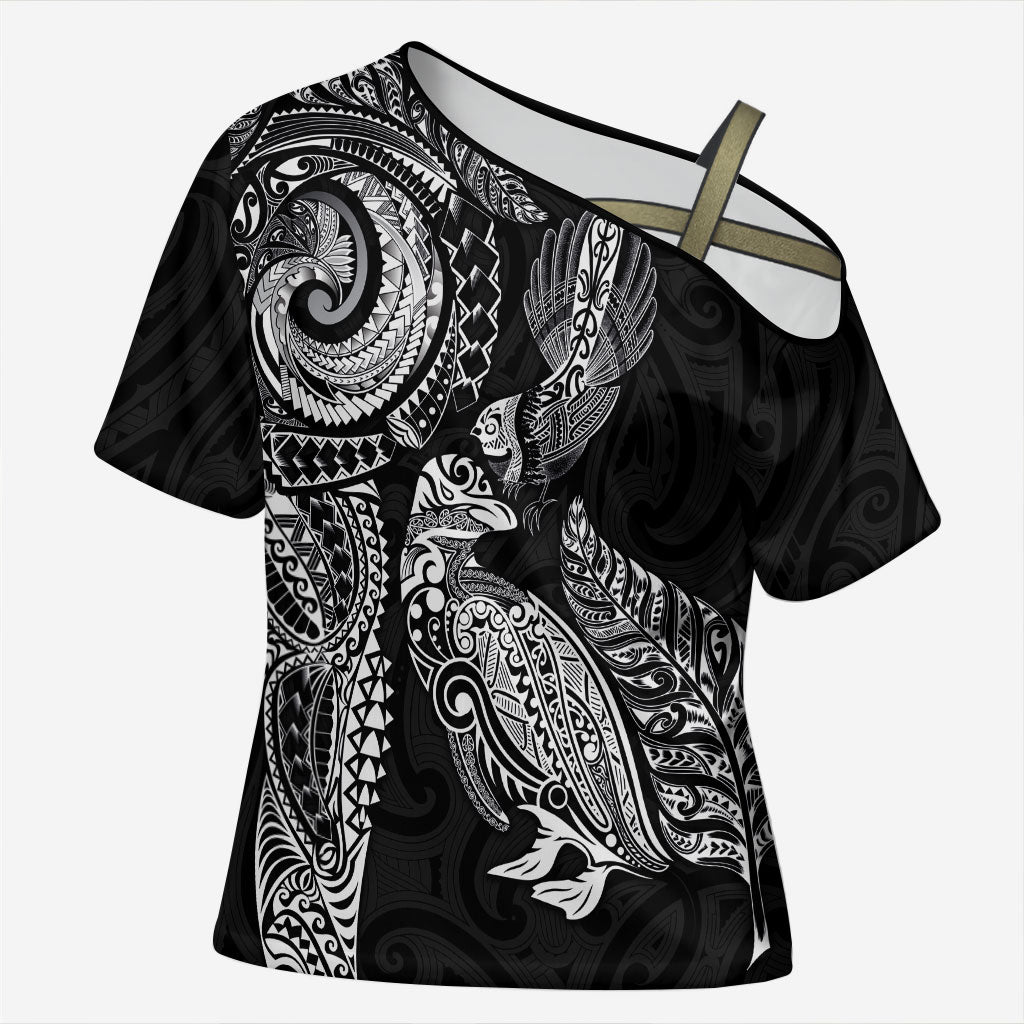 Aotearoa Moko Tribal Tattoo Cross Shoulder Shirt New Zealand Maori Penguin and Fantail Black Color