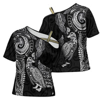 Aotearoa Moko Tribal Tattoo Cross Shoulder Shirt New Zealand Maori Penguin and Fantail Black Color