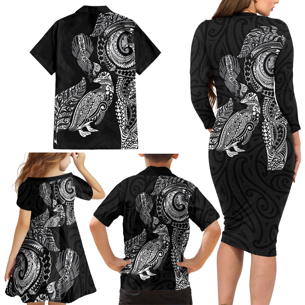 Aotearoa Moko Tribal Tattoo Family Matching Long Sleeve Bodycon Dress and Hawaiian Shirt New Zealand Maori Penguin and Fantail Black Color