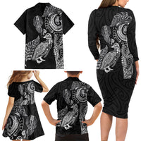 Aotearoa Moko Tribal Tattoo Family Matching Long Sleeve Bodycon Dress and Hawaiian Shirt New Zealand Maori Penguin and Fantail Black Color