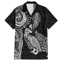 Aotearoa Moko Tribal Tattoo Family Matching Long Sleeve Bodycon Dress and Hawaiian Shirt New Zealand Maori Penguin and Fantail Black Color