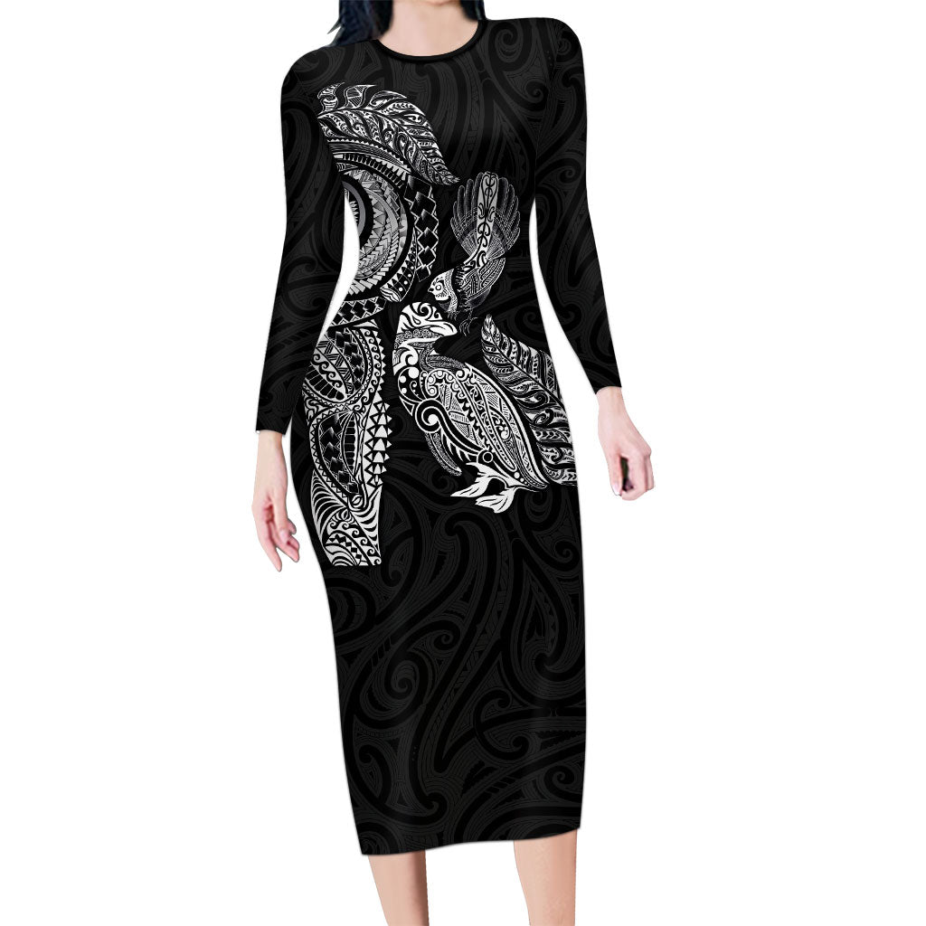 Aotearoa Moko Tribal Tattoo Family Matching Long Sleeve Bodycon Dress and Hawaiian Shirt New Zealand Maori Penguin and Fantail Black Color