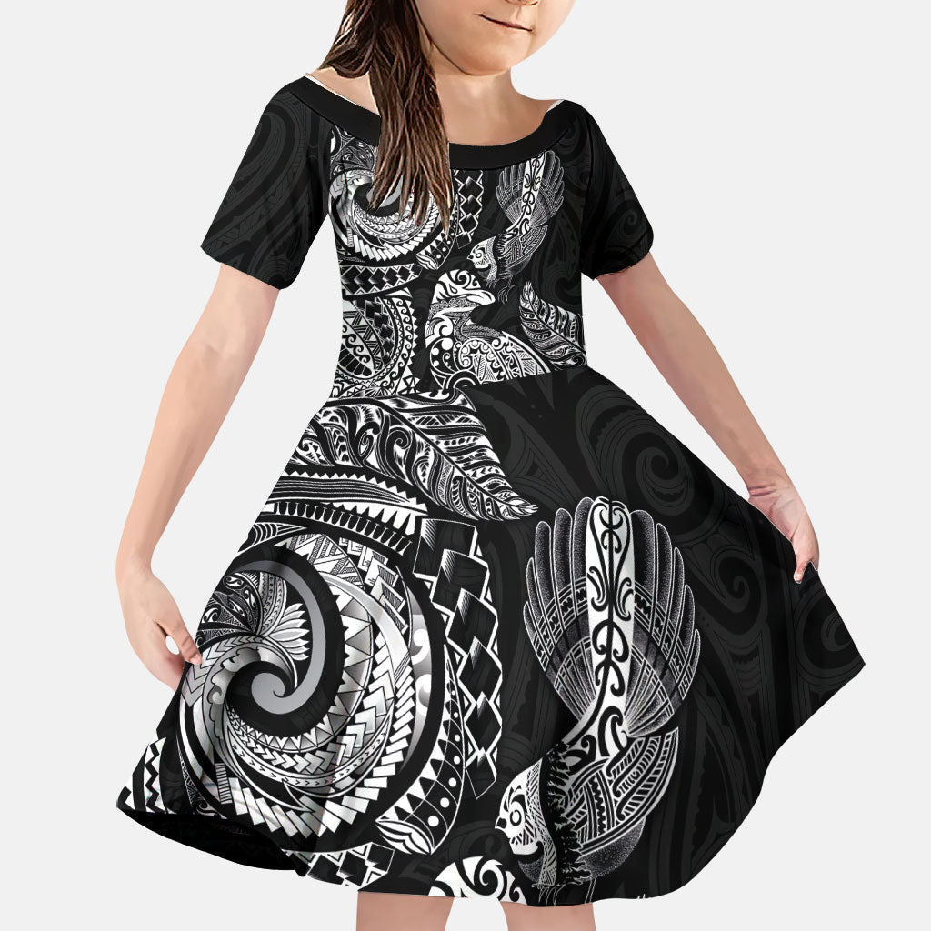 Aotearoa Moko Tribal Tattoo Family Matching Mermaid Dress and Hawaiian Shirt New Zealand Maori Penguin and Fantail Black Color