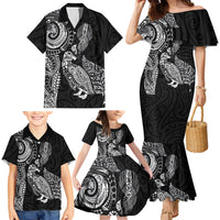 Aotearoa Moko Tribal Tattoo Family Matching Mermaid Dress and Hawaiian Shirt New Zealand Maori Penguin and Fantail Black Color