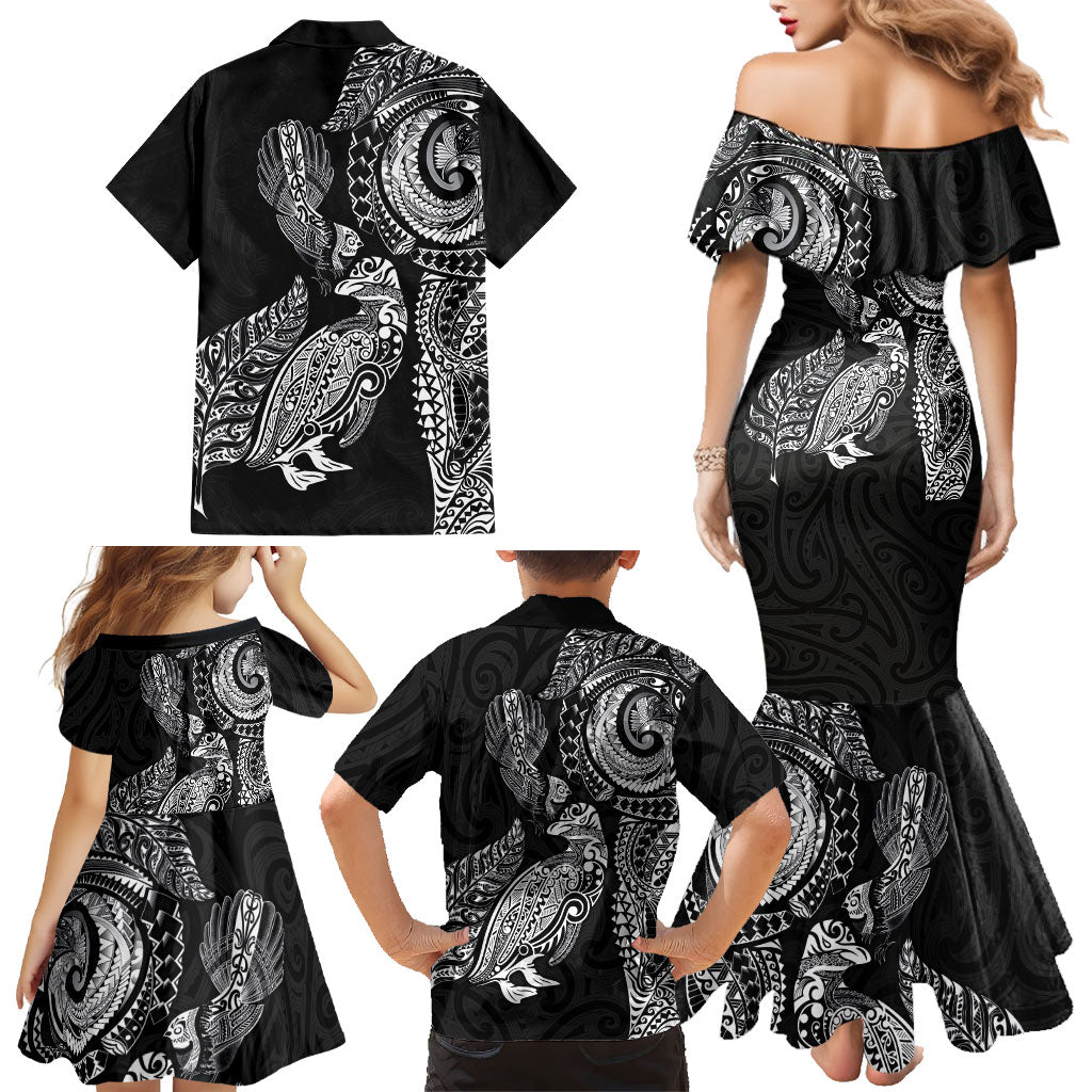 Aotearoa Moko Tribal Tattoo Family Matching Mermaid Dress and Hawaiian Shirt New Zealand Maori Penguin and Fantail Black Color