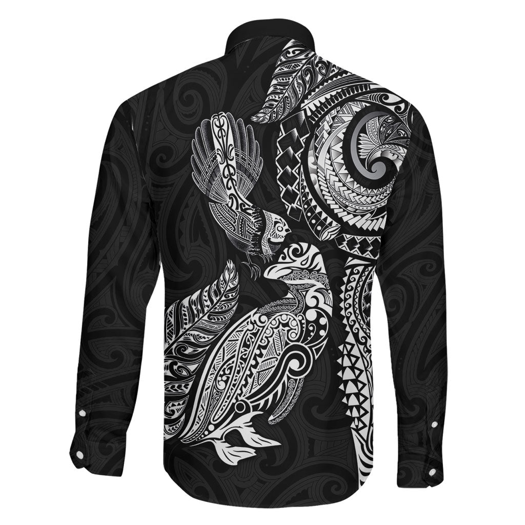Aotearoa Moko Tribal Tattoo Family Matching Mermaid Dress and Hawaiian Shirt New Zealand Maori Penguin and Fantail Black Color