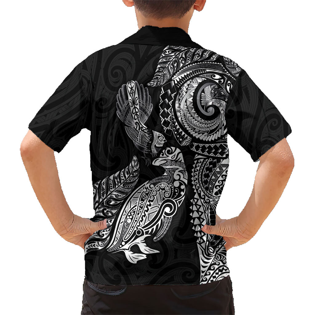 Aotearoa Moko Tribal Tattoo Family Matching Off The Shoulder Long Sleeve Dress and Hawaiian Shirt New Zealand Maori Penguin and Fantail Black Color