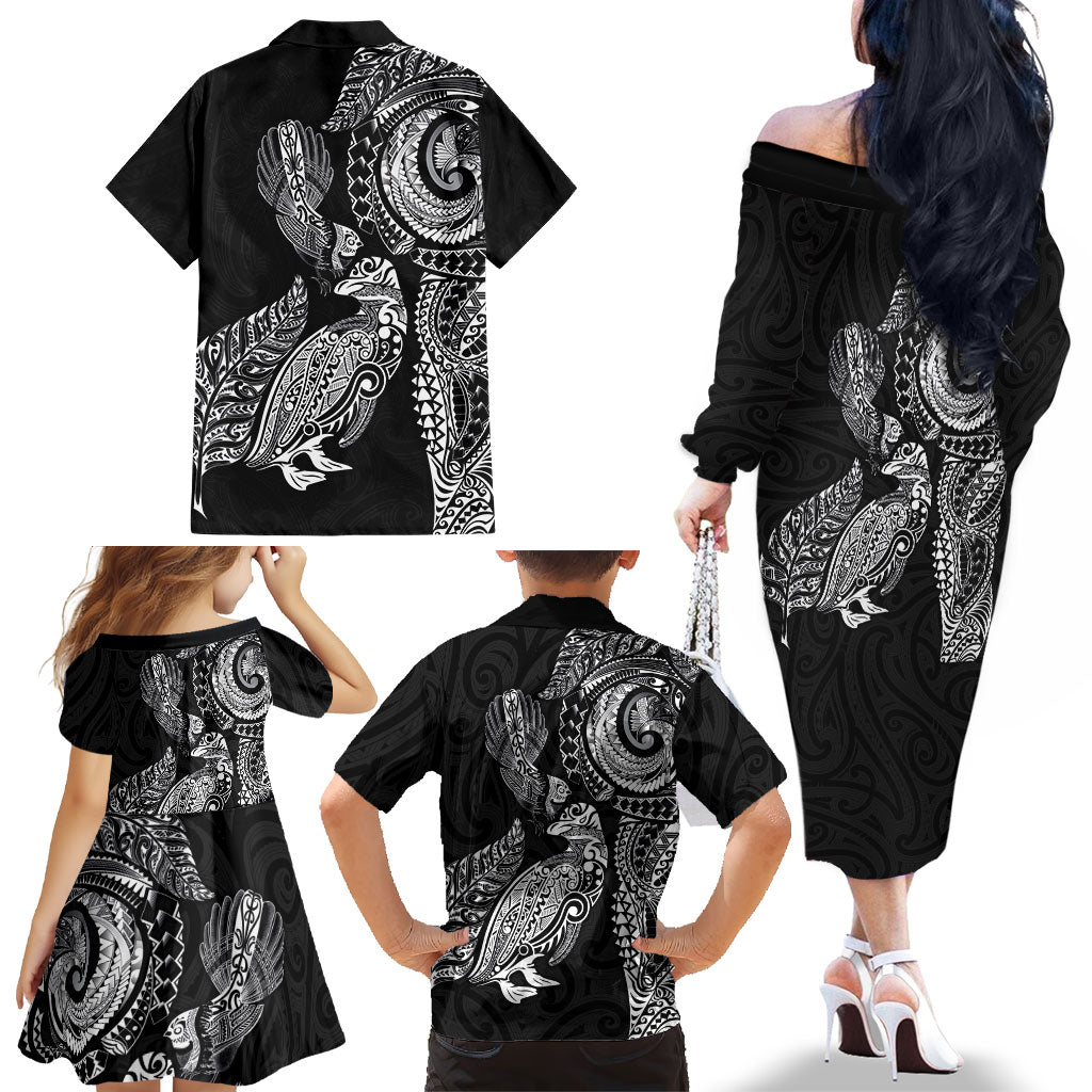 Aotearoa Moko Tribal Tattoo Family Matching Off The Shoulder Long Sleeve Dress and Hawaiian Shirt New Zealand Maori Penguin and Fantail Black Color