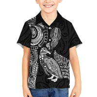 Aotearoa Moko Tribal Tattoo Family Matching Off The Shoulder Long Sleeve Dress and Hawaiian Shirt New Zealand Maori Penguin and Fantail Black Color
