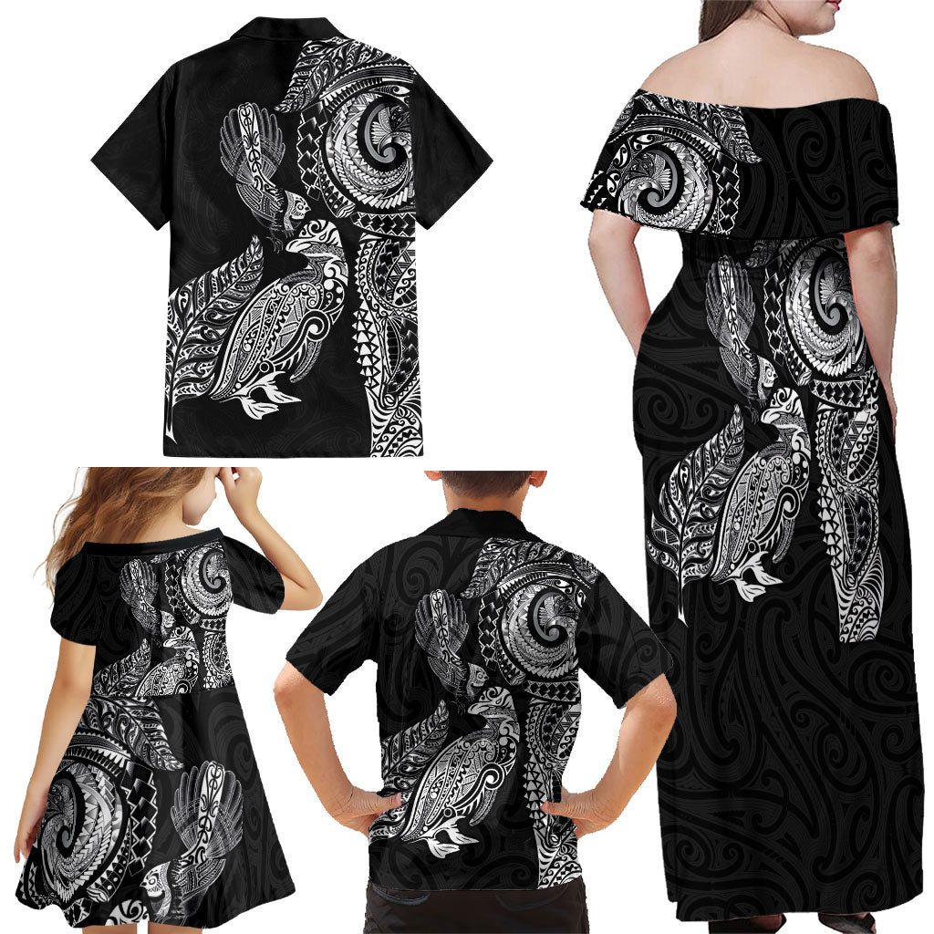 Aotearoa Moko Tribal Tattoo Family Matching Off Shoulder Maxi Dress and Hawaiian Shirt New Zealand Maori Penguin and Fantail Black Color