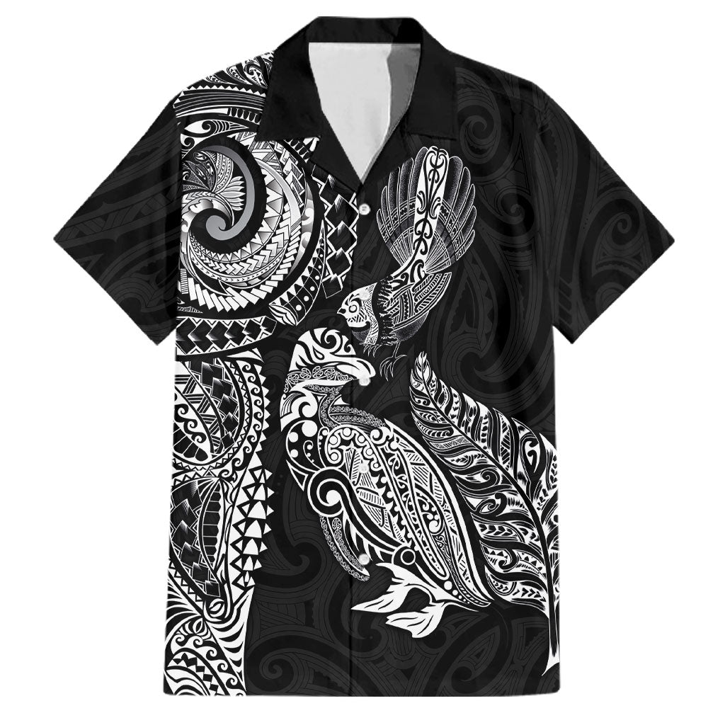 Aotearoa Moko Tribal Tattoo Family Matching Off Shoulder Maxi Dress and Hawaiian Shirt New Zealand Maori Penguin and Fantail Black Color