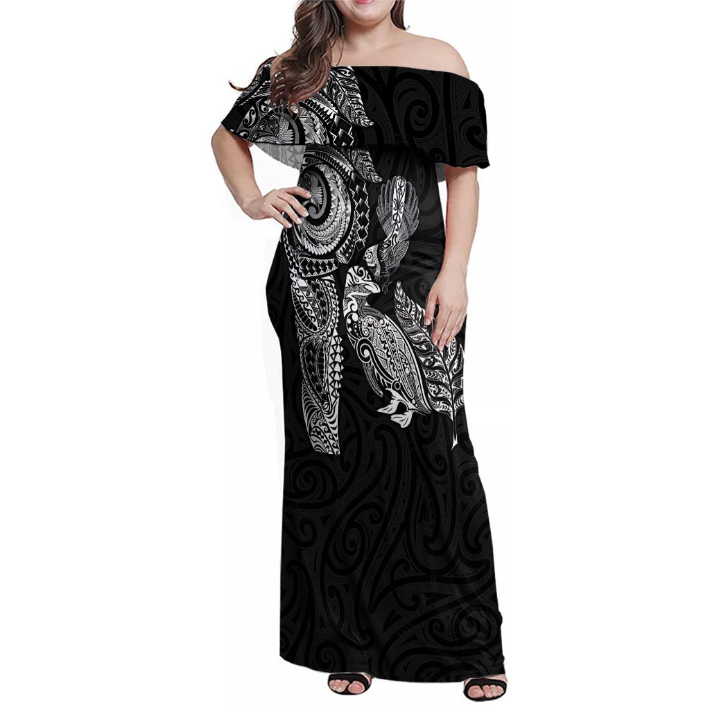 Aotearoa Moko Tribal Tattoo Family Matching Off Shoulder Maxi Dress and Hawaiian Shirt New Zealand Maori Penguin and Fantail Black Color
