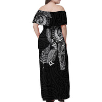 Aotearoa Moko Tribal Tattoo Family Matching Off Shoulder Maxi Dress and Hawaiian Shirt New Zealand Maori Penguin and Fantail Black Color