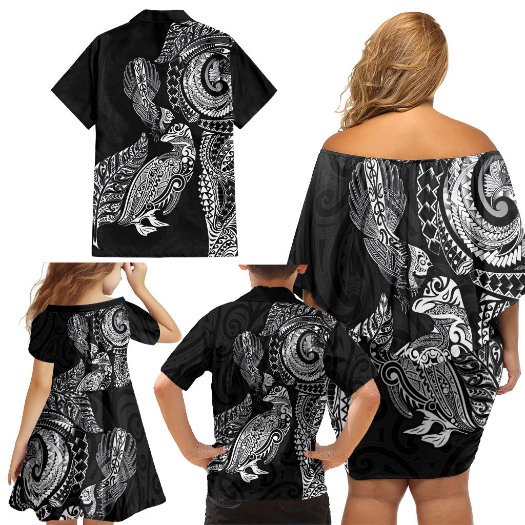 Aotearoa Moko Tribal Tattoo Family Matching Off Shoulder Short Dress and Hawaiian Shirt New Zealand Maori Penguin and Fantail Black Color