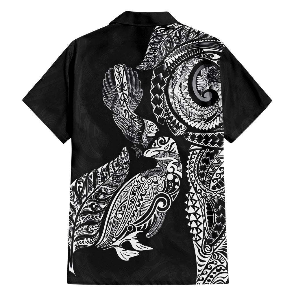Aotearoa Moko Tribal Tattoo Family Matching Off Shoulder Short Dress and Hawaiian Shirt New Zealand Maori Penguin and Fantail Black Color