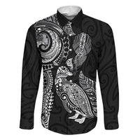 Aotearoa Moko Tribal Tattoo Family Matching Off Shoulder Short Dress and Hawaiian Shirt New Zealand Maori Penguin and Fantail Black Color