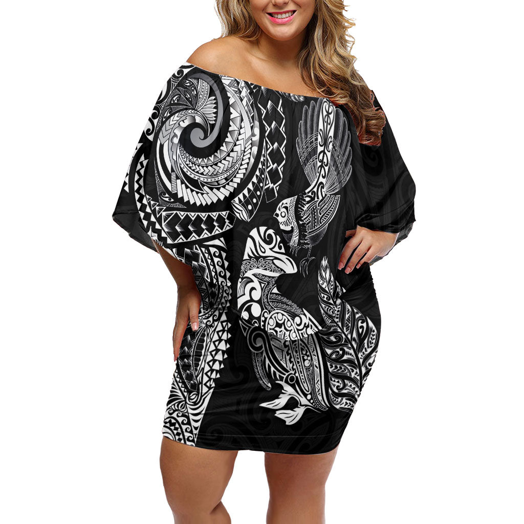 Aotearoa Moko Tribal Tattoo Family Matching Off Shoulder Short Dress and Hawaiian Shirt New Zealand Maori Penguin and Fantail Black Color