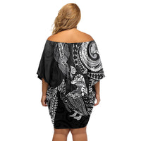 Aotearoa Moko Tribal Tattoo Family Matching Off Shoulder Short Dress and Hawaiian Shirt New Zealand Maori Penguin and Fantail Black Color
