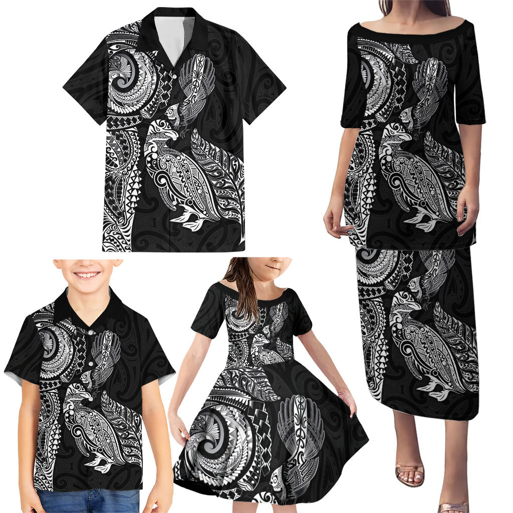 Aotearoa Moko Tribal Tattoo Family Matching Puletasi and Hawaiian Shirt New Zealand Maori Penguin and Fantail Black Color LT03 - Polynesian Pride