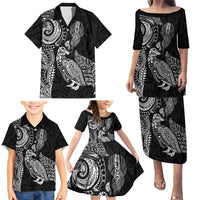 Aotearoa Moko Tribal Tattoo Family Matching Puletasi and Hawaiian Shirt New Zealand Maori Penguin and Fantail Black Color