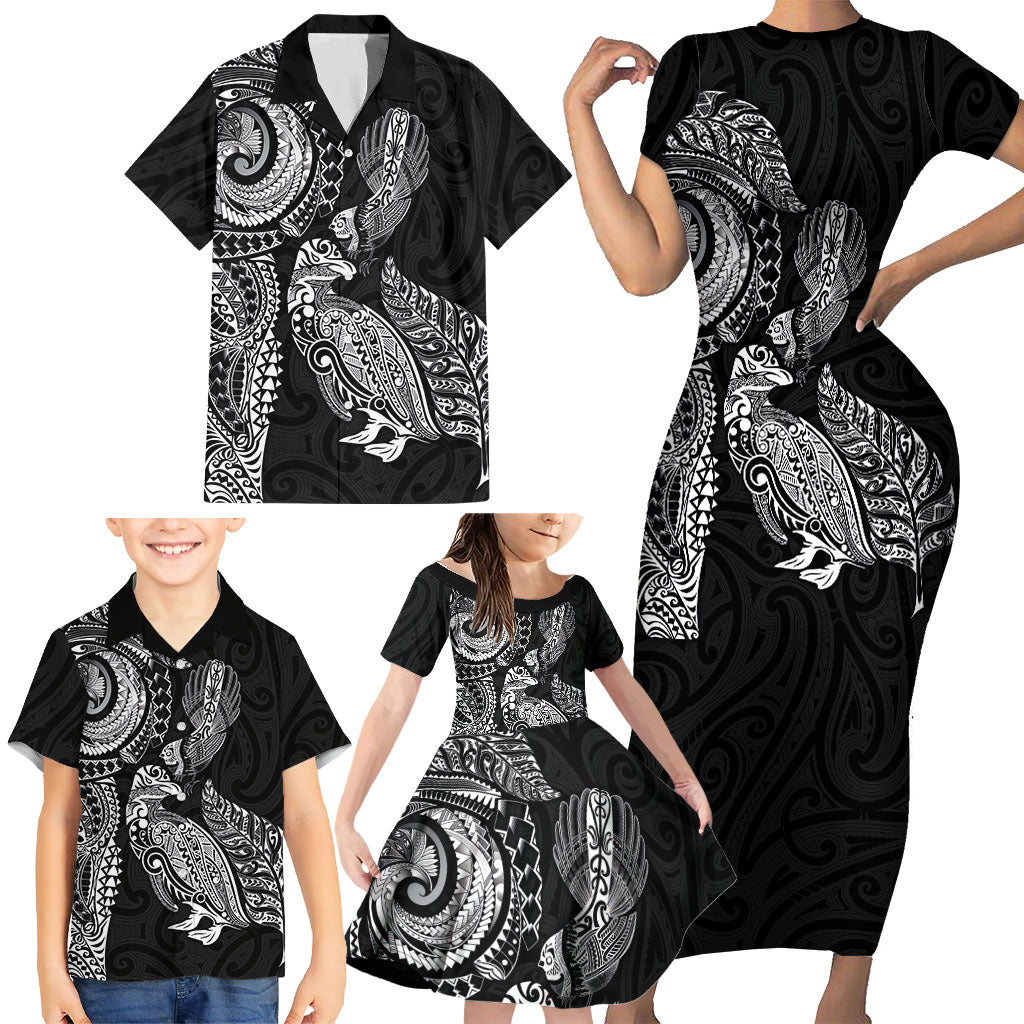 Aotearoa Moko Tribal Tattoo Family Matching Short Sleeve Bodycon Dress and Hawaiian Shirt New Zealand Maori Penguin and Fantail Black Color