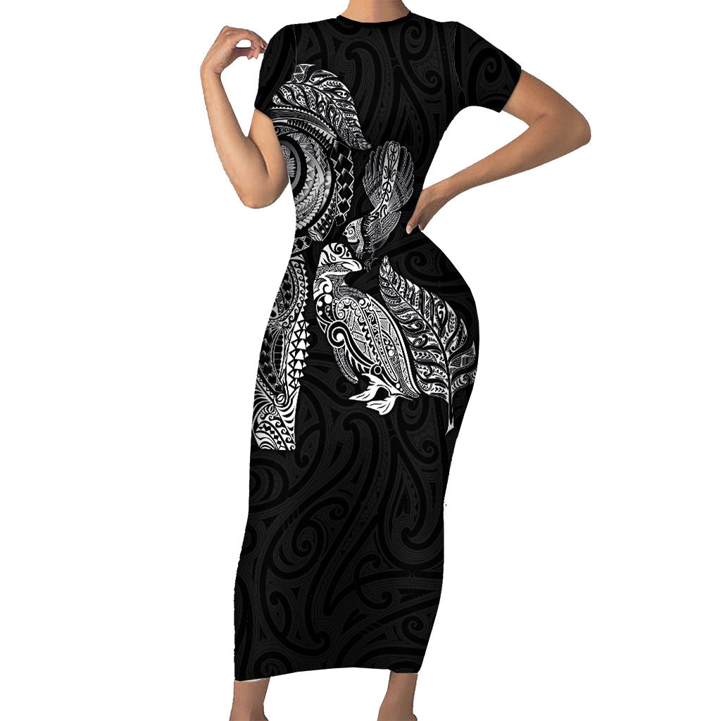 Aotearoa Moko Tribal Tattoo Family Matching Short Sleeve Bodycon Dress and Hawaiian Shirt New Zealand Maori Penguin and Fantail Black Color