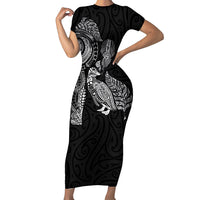Aotearoa Moko Tribal Tattoo Family Matching Short Sleeve Bodycon Dress and Hawaiian Shirt New Zealand Maori Penguin and Fantail Black Color