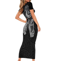 Aotearoa Moko Tribal Tattoo Family Matching Short Sleeve Bodycon Dress and Hawaiian Shirt New Zealand Maori Penguin and Fantail Black Color