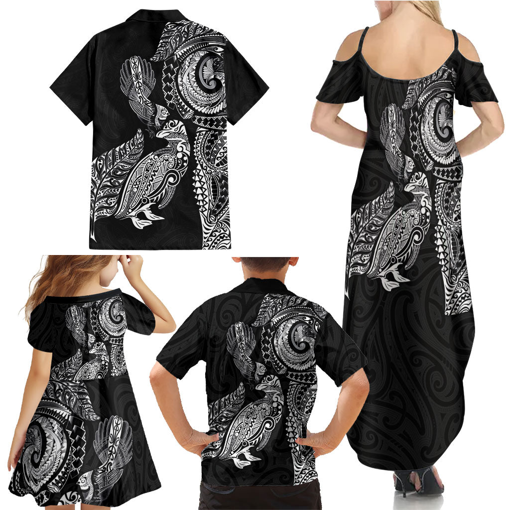 Aotearoa Moko Tribal Tattoo Family Matching Summer Maxi Dress and Hawaiian Shirt New Zealand Maori Penguin and Fantail Black Color