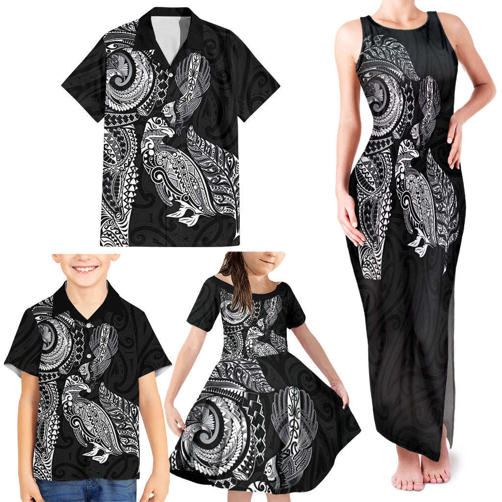 Aotearoa Moko Tribal Tattoo Family Matching Tank Maxi Dress and Hawaiian Shirt New Zealand Maori Penguin and Fantail Black Color