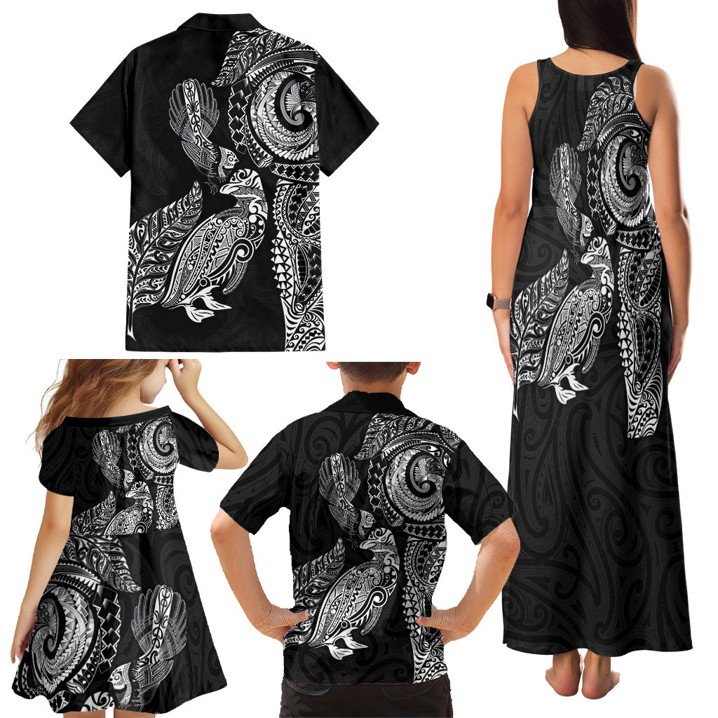 Aotearoa Moko Tribal Tattoo Family Matching Tank Maxi Dress and Hawaiian Shirt New Zealand Maori Penguin and Fantail Black Color