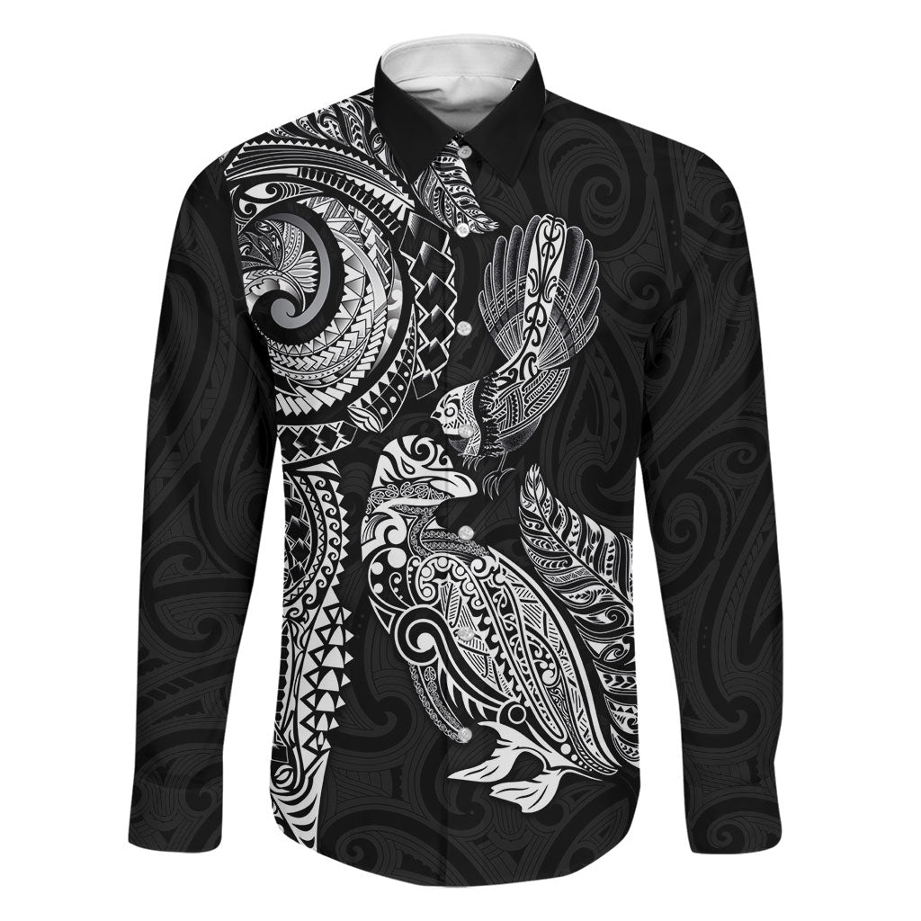 Aotearoa Moko Tribal Tattoo Family Matching Tank Maxi Dress and Hawaiian Shirt New Zealand Maori Penguin and Fantail Black Color