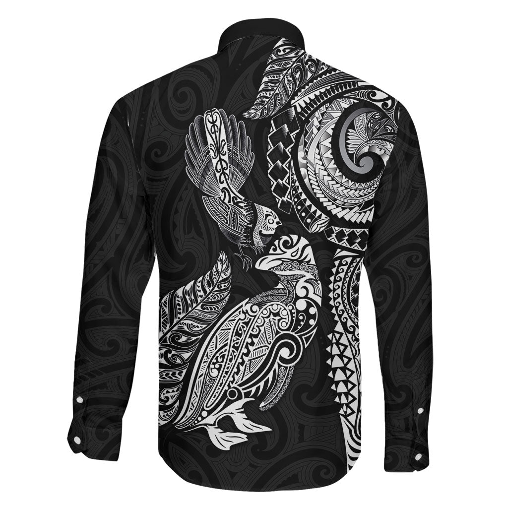Aotearoa Moko Tribal Tattoo Family Matching Tank Maxi Dress and Hawaiian Shirt New Zealand Maori Penguin and Fantail Black Color