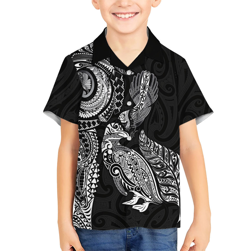 Aotearoa Moko Tribal Tattoo Family Matching Tank Maxi Dress and Hawaiian Shirt New Zealand Maori Penguin and Fantail Black Color