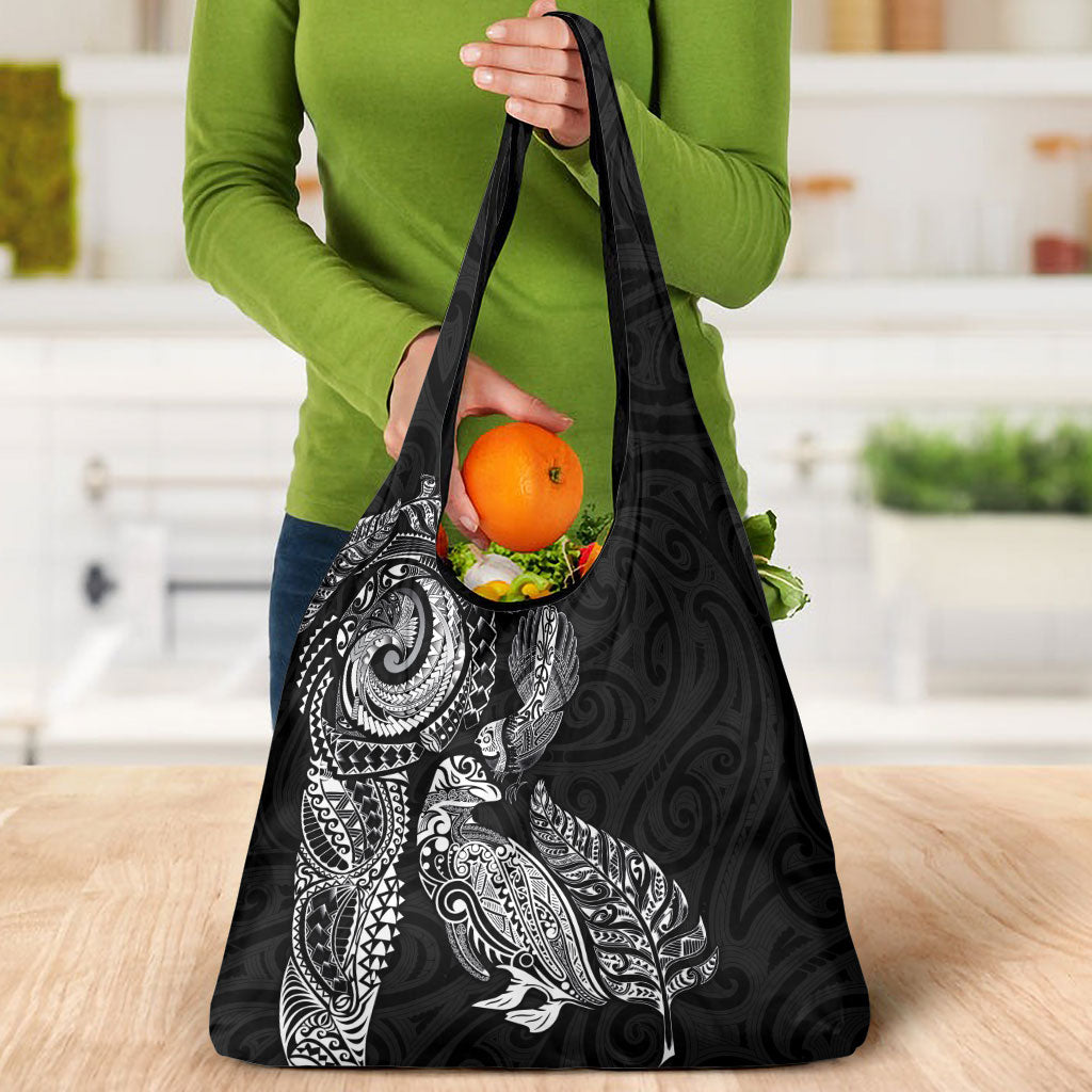 Aotearoa Moko Tribal Tattoo Grocery Bag New Zealand Maori Penguin and Fantail Black Color
