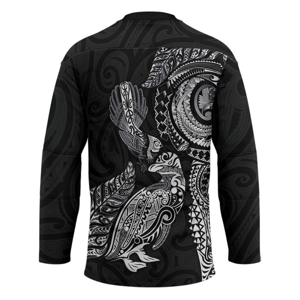 Aotearoa Moko Tribal Tattoo Hockey Jersey New Zealand Maori Penguin and Fantail Black Color