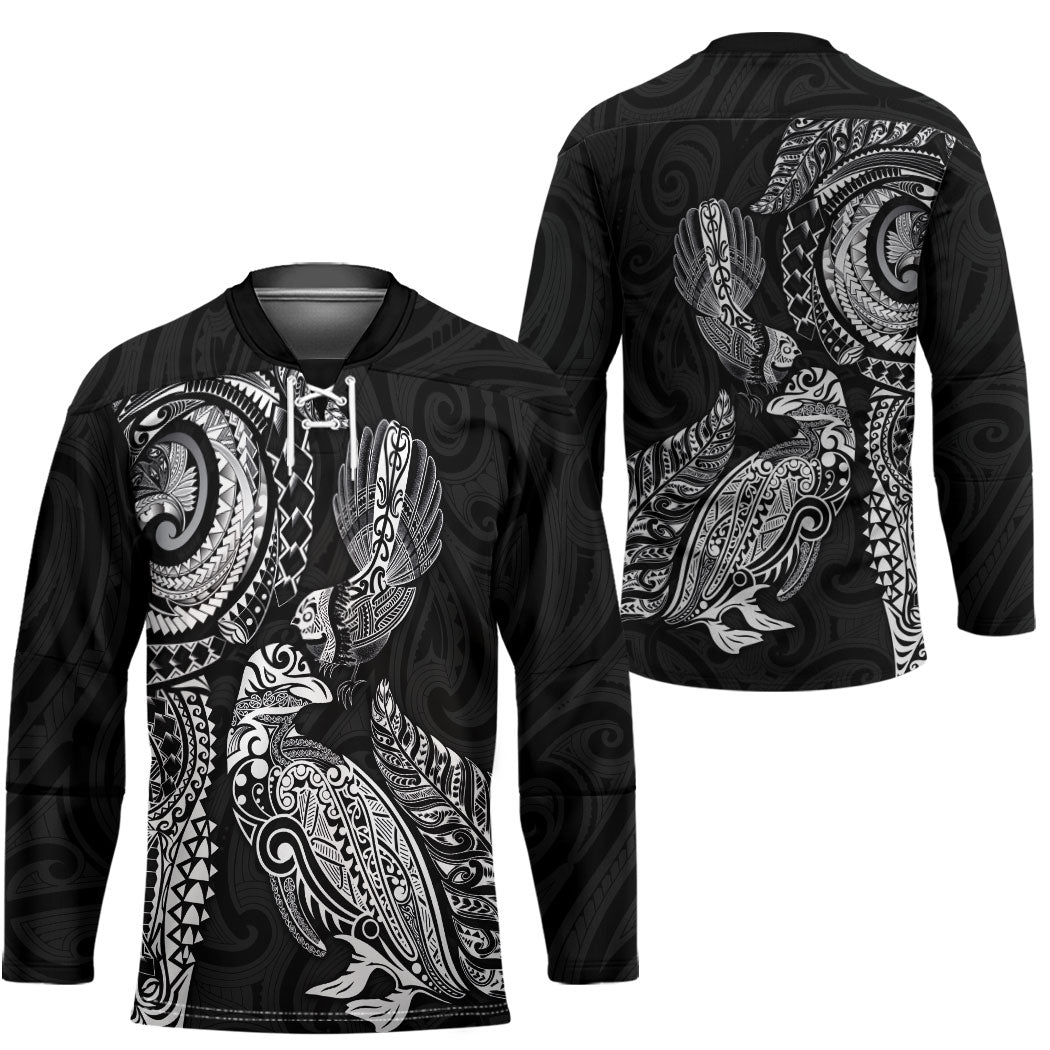 Aotearoa Moko Tribal Tattoo Hockey Jersey New Zealand Maori Penguin and Fantail Black Color