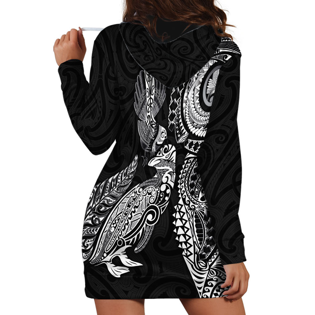 Aotearoa Moko Tribal Tattoo Hoodie Dress New Zealand Maori Penguin and Fantail Black Color
